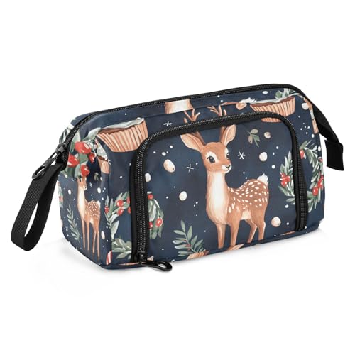 Quteprint Federmäppchen mit großer Kapazität, niedliches Weihnachts-Federmäppchen, Motiv: Hirsch, Hasen, Schnee, tragbares Federmäppchen mit Reißverschluss, für Büro, Schule, Schreibwaren, Stiftebox von Quteprint