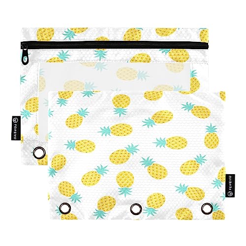 Quteprint Federmäppchen mit tropischem Ananas-Muster, für 3-Ringordner, 2 Stück, Reißverschluss, Federmäppchen mit transparentem Fenster, Federmäppchen, Ordnertaschen, Organizer-Tasche für Büro, von Quteprint