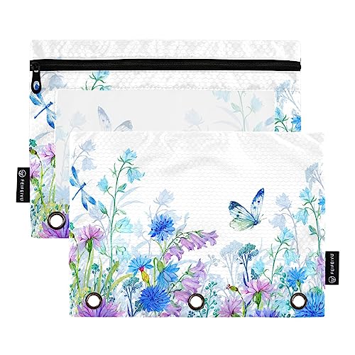 Quteprint Federmappe für 3-Ringordner, Frühlingsblumen, Schmetterling, Libelle, 2 Stück, Reißverschluss, Federmäppchen mit transparentem Fenster, Federmäppchen, Ordnertaschen, Organizer-Etui für Büro, von Quteprint