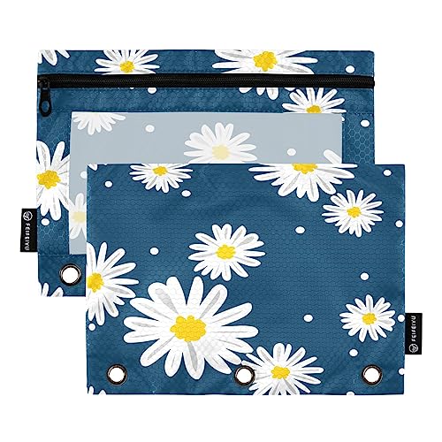 Quteprint Flower Daisy Dots Federmäppchen für 3-Ringbinder, 2 Stück Reißverschluss Federmäppchen mit transparentem Fenster, Bleistiftbeutel, Ordnertaschen, Organizer-Tasche für Büro, Zuhause, von Quteprint