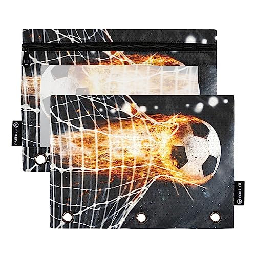 Quteprint Fußball-Feuerball-Sport-Federmäppchen für 3-Ringbinder, 2 Stück Reißverschluss-Federmäppchen mit transparentem Fenster, Federmäppchen, Ordnertaschen, Organizer-Tasche für Büro, Zuhause, von Quteprint