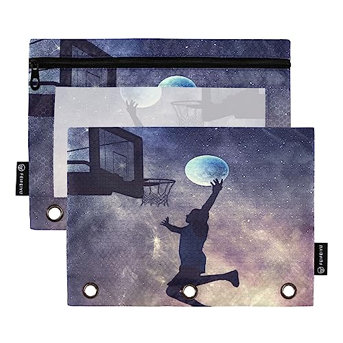 Quteprint Galaxy Planet Basketball-Bleistiftbeutel für 3-Ringbinder, 2 Stück Reißverschluss-Federmäppchen mit transparentem Fenster, Federmäppchen, Ordnertaschen, Organizer-Tasche für Büro, Zuhause, von Quteprint