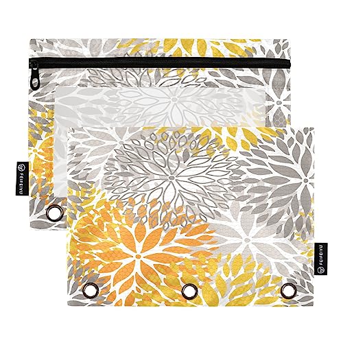 Quteprint Gelbe graue Blume Dalia Chrysantheme Federmäppchen für 3-Ringbinder, 2 Stück Reißverschluss Federmäppchen mit transparentem Fenster, Bleistiftbeutel, Ordnertaschen, Organizer-Tasche für von Quteprint