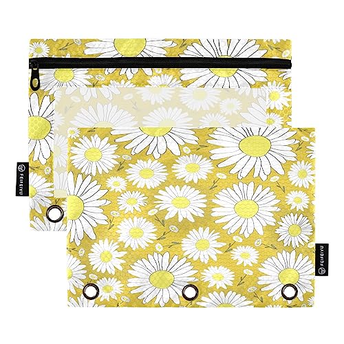 Quteprint Gelbes Federmäppchen mit Blumenmuster und Gänseblümchen-Muster, 2 Stück, Reißverschluss, Federmäppchen mit transparentem Fenster, Federmäppchen, Ordnertaschen, Organizer-Tasche für Büro, von Quteprint