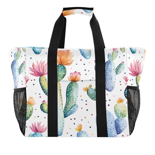 Quteprint Große wasserdichte Reisetasche für Damen und Herren, Aquarell-Kaktuspflanzen, Segeltuch, Strandtasche mit Futter und Taschen, wiederverwendbare Einkaufstasche für Lebensmittel, Wäsche, Küche von Quteprint