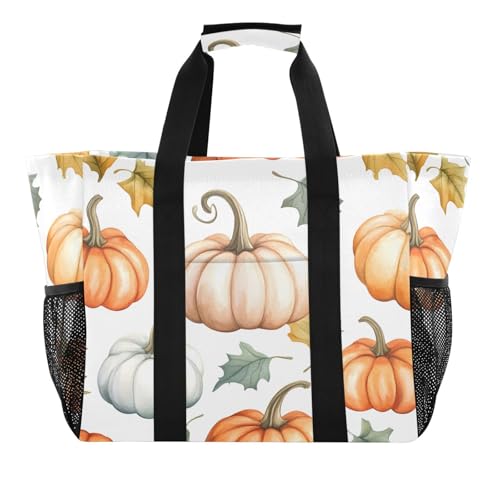Quteprint Große wasserdichte Reisetasche für Damen und Herren, Aquarell-Kürbisblätter, Segeltuch, Strandtasche mit Futter und Taschen, wiederverwendbare Einkaufstasche für Lebensmittel, Wäsche, Küche von Quteprint