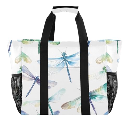 Quteprint Große wasserdichte Reisetasche für Damen und Herren, Aquarell-Libellenmuster, Segeltuch, Strandtasche mit Futter und Taschen, wiederverwendbare Einkaufstasche für Lebensmittel, Wäsche, Küche von Quteprint
