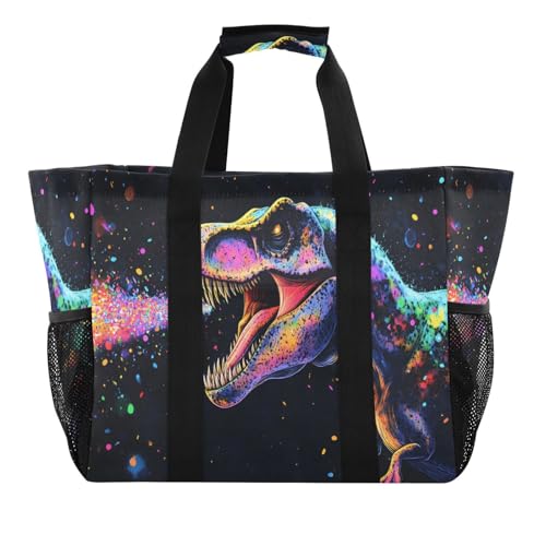 Quteprint Große wasserdichte Reisetasche für Damen und Herren, Aquarell-Tier-Dinosaurier, Segeltuch, Strandtasche mit Futter und Taschen, wiederverwendbare Einkaufstasche für Lebensmittel, Wäsche von Quteprint