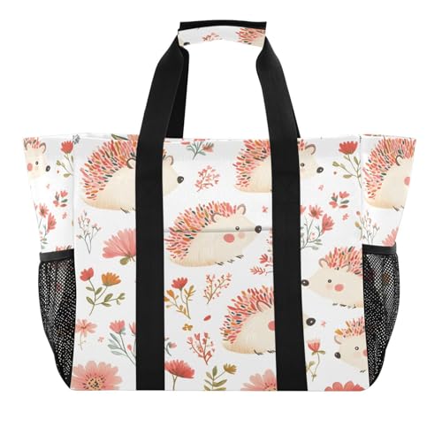 Quteprint Große wasserdichte Reisetasche für Damen und Herren, Blumenblätter, Igel, Segeltuch, Strandtasche mit Futter und Taschen, wiederverwendbare Einkaufstasche für Lebensmittel, Wäsche, Küche von Quteprint
