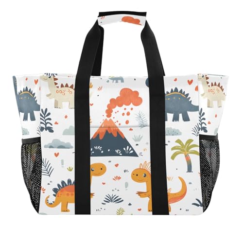 Quteprint Große wasserdichte Reisetasche für Damen und Herren, Cartoon-Dinosaurier, Vulkanbaum, Segeltuch, Strandtasche mit Futter und Taschen, wiederverwendbare Einkaufstasche für Lebensmittel von Quteprint
