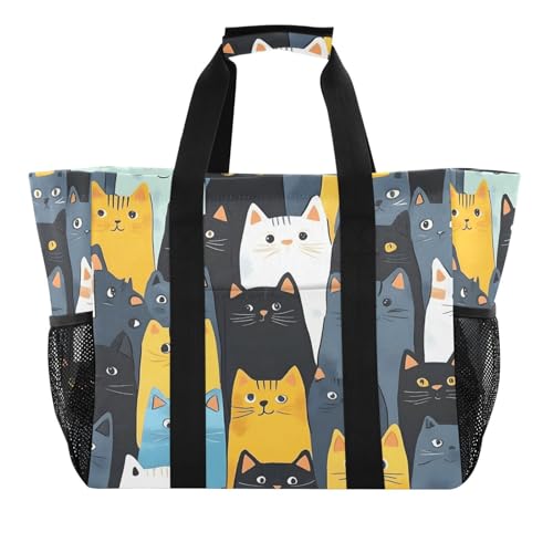 Quteprint Große wasserdichte Reisetasche für Damen und Herren, Cartoon-Katzenmuster, Segeltuch, Strandtasche mit Futter und Taschen, wiederverwendbare Einkaufstasche für Lebensmittel, Wäsche, Küche von Quteprint