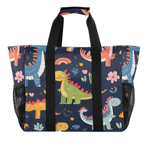Quteprint Große wasserdichte Reisetasche für Damen und Herren, Cartoon-Motiv, bunte Dino-Dinosaurier, Segeltuch, Strandtasche mit Futter und Taschen, wiederverwendbare Einkaufstasche für Lebensmittel von Quteprint