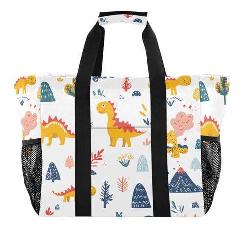 Quteprint Große wasserdichte Reisetasche für Damen und Herren, Dinosaurier-Dino, niedliches Muster, Segeltuch, Strandtasche mit Futter und Taschen, wiederverwendbare Einkaufstasche für Lebensmittel von Quteprint