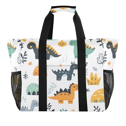 Quteprint Große wasserdichte Reisetasche für Damen und Herren, Dinosaurier-Muster, niedliches Cartoon-Design, Segeltuch, Strandtasche mit Futter und Taschen, wiederverwendbare Einkaufstasche für von Quteprint
