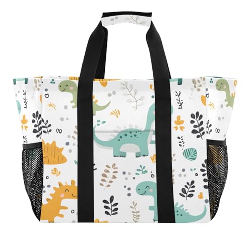 Quteprint Große wasserdichte Reisetasche für Damen und Herren, Dinosaurier-Muster, niedliches Tier, Segeltuch, Strandtasche mit Futter und Taschen, wiederverwendbare Einkaufstasche für Lebensmittel von Quteprint