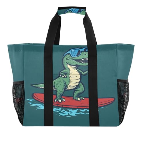 Quteprint Große wasserdichte Reisetasche für Damen und Herren, Dinosaurier-Sonnenbrille, Snowboard, Segeltuch, Strandtasche mit Futter und Taschen, wiederverwendbare Einkaufstasche für Lebensmittel von Quteprint