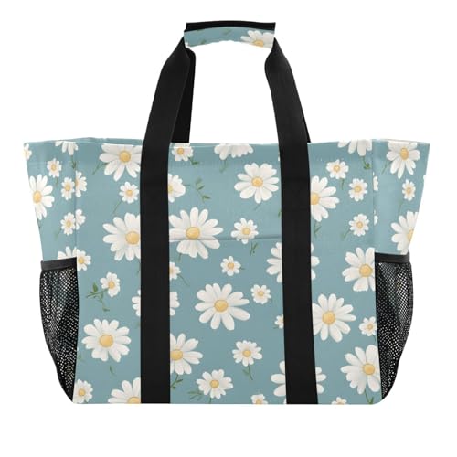 Quteprint Große wasserdichte Reisetasche für Damen und Herren, Gänseblümchenmuster, Segeltuch, Strandtasche mit Futter und Taschen, wiederverwendbare Einkaufstasche für Lebensmittel, Wäsche, Küche von Quteprint