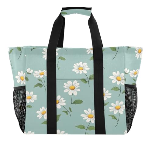 Quteprint Große wasserdichte Reisetasche für Damen und Herren, Gänseblümchenmuster, Segeltuch, Strandtasche mit Futter und Taschen, wiederverwendbare Einkaufstasche für Lebensmittel, Wäsche, Küche von Quteprint