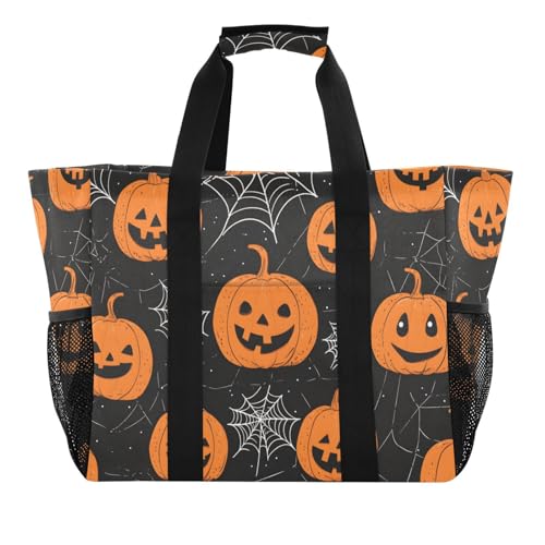 Quteprint Große wasserdichte Reisetasche für Damen und Herren, Halloween-Kürbisnetze, Segeltuch, Strandtasche mit Futter und Taschen, wiederverwendbare Einkaufstasche für Lebensmittel, Wäsche, Küche von Quteprint