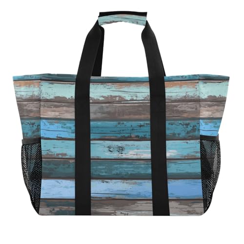 Quteprint Große wasserdichte Reisetasche für Damen und Herren, Holzbretter, Segeltuch, Strandtasche mit Futter und Taschen, wiederverwendbare Einkaufstasche für Lebensmittel, Wäsche, Küche, Pool von Quteprint