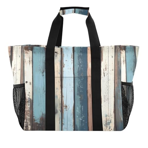 Quteprint Große wasserdichte Reisetasche für Damen und Herren, Holzbretter, Segeltuch, Strandtasche mit Futter und Taschen, wiederverwendbare Einkaufstasche für Lebensmittel, Wäsche, Küche, Pool von Quteprint