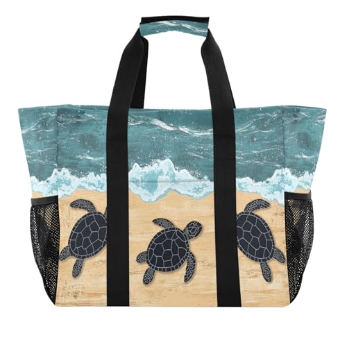 Quteprint Große wasserdichte Reisetasche für Damen und Herren, Holzschildkröten, Segeltuch, Strandtasche mit Futter und Taschen, wiederverwendbare Einkaufstasche für Lebensmittel, Wäsche, Küche, Pool von Quteprint