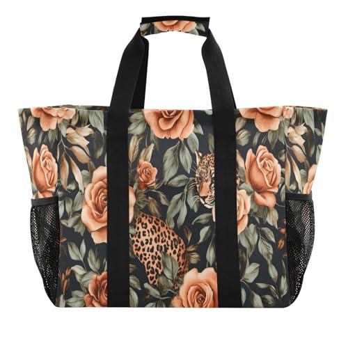 Quteprint Große wasserdichte Reisetasche für Damen und Herren, Leopardenmuster, Rose, Segeltuch, Strandtasche mit Futter und Taschen, wiederverwendbare Einkaufstasche für Lebensmittel, Wäsche, Küche von Quteprint