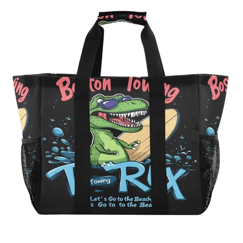 Quteprint Große wasserdichte Reisetasche für Damen und Herren, Meer-Snowboard-Dinosaurier, Segeltuch, Strandtasche mit Futter und Taschen, wiederverwendbare Einkaufstasche für Lebensmittel, Wäsche von Quteprint