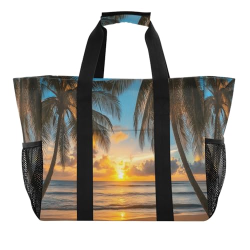 Quteprint Große wasserdichte Reisetasche für Damen und Herren, Meeresstrand, Palme, Segeltuch, Strandtasche mit Futter und Taschen, wiederverwendbare Einkaufstasche für Lebensmittel, Wäsche, Küche von Quteprint