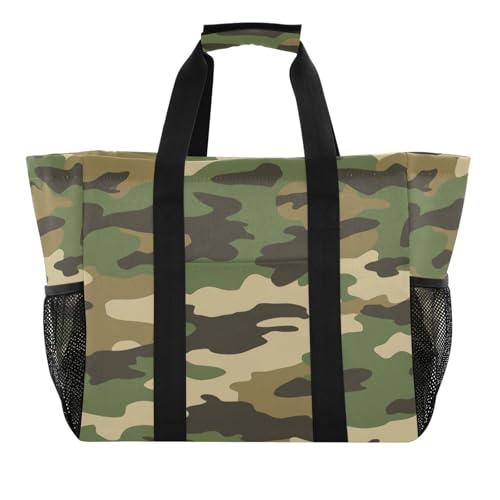 Quteprint Große wasserdichte Reisetasche für Damen und Herren, Militärgrün, Camouflage, Segeltuch, Strandtasche mit Futter und Taschen, wiederverwendbare Einkaufstasche für Lebensmittel, Wäsche, Küche von Quteprint