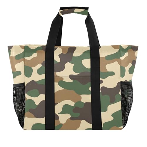 Quteprint Große wasserdichte Reisetasche für Damen und Herren, Militärgrün, Camouflage, Segeltuch, Strandtasche mit Futter und Taschen, wiederverwendbare Einkaufstasche für Lebensmittel, Wäsche, Küche von Quteprint
