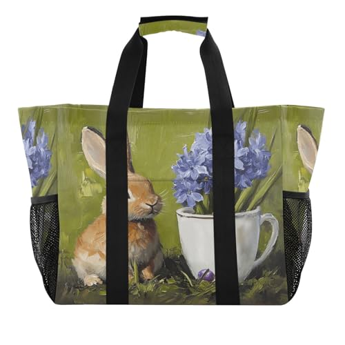 Quteprint Große wasserdichte Reisetasche für Damen und Herren, Osterhase, Ölgemälde, Leinwand, Strandtasche mit Futter und Taschen, wiederverwendbare Einkaufstasche für Lebensmittel, Wäsche, Küche von Quteprint