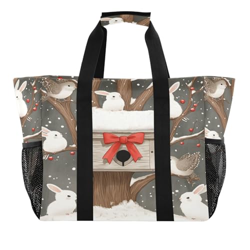 Quteprint Große wasserdichte Reisetasche für Damen und Herren, Ostern, niedliche Hasen, Vögel, Segeltuch, Strandtasche mit Futter und Taschen, wiederverwendbare Einkaufstasche für Lebensmittel, Wäsche von Quteprint
