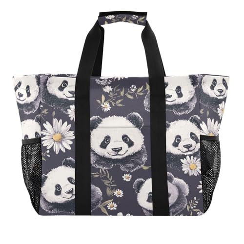 Quteprint Große wasserdichte Reisetasche für Damen und Herren, Panda-Gänseblümchen, Segeltuch, Strandtasche mit Futter und Taschen, wiederverwendbare Einkaufstasche für Lebensmittel, Wäsche, Küche von Quteprint