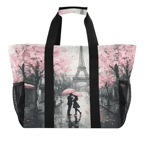 Quteprint Große wasserdichte Reisetasche für Damen und Herren, Paris-Handtuch, Kirschblüten-Blume, Segeltuch, Strandtasche mit Futter und Taschen, wiederverwendbare Einkaufstasche für Lebensmittel von Quteprint