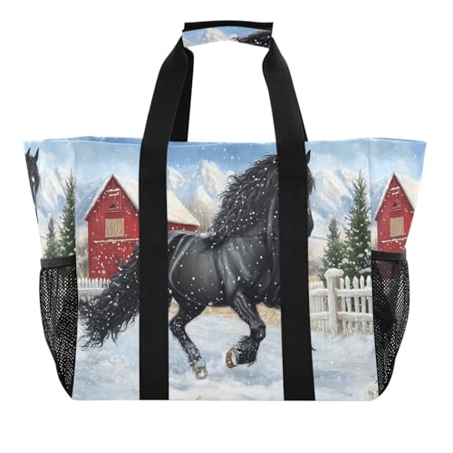 Quteprint Große wasserdichte Reisetasche für Damen und Herren, Pferd, Winter, Weihnachten, Schnee, Segeltuch, Strandtasche mit Futter und Taschen, wiederverwendbare Einkaufstasche für Lebensmittel von Quteprint