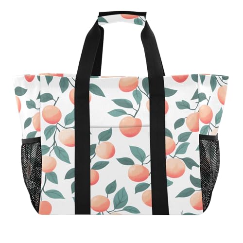 Quteprint Große wasserdichte Reisetasche für Damen und Herren, Pfirsichmuster, Blätter, Segeltuch, Strandtasche mit Futter und Taschen, wiederverwendbare Einkaufstasche für Lebensmittel, Wäsche, Küche von Quteprint
