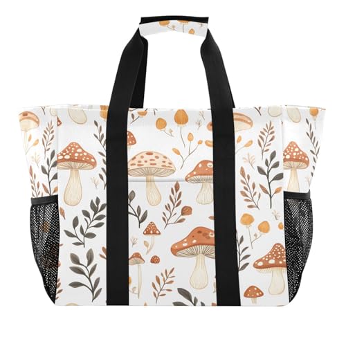 Quteprint Große wasserdichte Reisetasche für Damen und Herren, Pilzpflanzen-Muster, Segeltuch, Strandtasche mit Futter und Taschen, wiederverwendbare Einkaufstasche für Lebensmittel, Wäsche, Küche von Quteprint