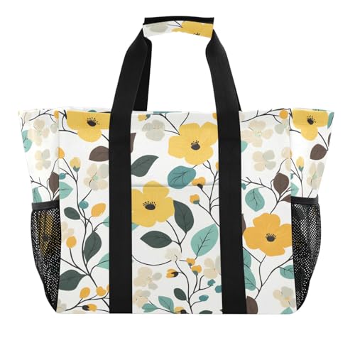 Quteprint Große wasserdichte Reisetasche für Damen und Herren, Retro-Frühlingsblumen, Segeltuch, Strandtasche mit Futter und Taschen, wiederverwendbare Einkaufstasche für Lebensmittel, Wäsche, Küche von Quteprint
