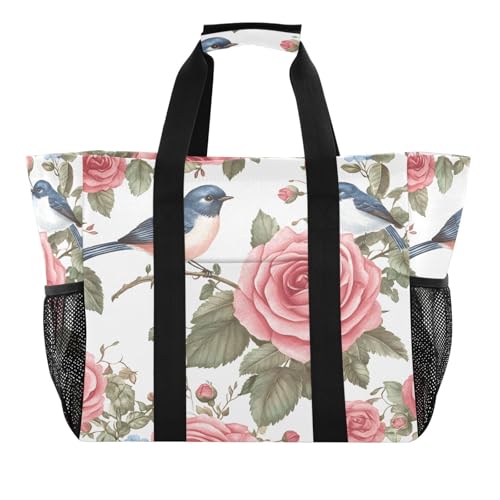 Quteprint Große wasserdichte Reisetasche für Damen und Herren, Rosenblumen, Vögel, Segeltuch, Strandtasche mit Futter und Taschen, wiederverwendbare Einkaufstasche für Lebensmittel, Wäsche, Küche von Quteprint