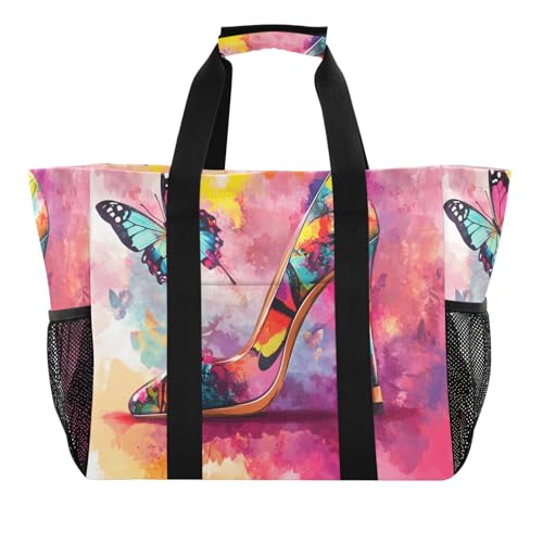 Quteprint Große wasserdichte Reisetasche für Damen und Herren, Schmetterling, High Heels, Schuhe, Segeltuch, Strandtasche mit Futter und Taschen, wiederverwendbare Einkaufstasche für Lebensmittel Quteprint Große wasserdichte Reisetasche für Damen und Herren, Schmetterling, High Heels, Schuhe, Segeltuch, Strandtasche mit Futter und Taschen, wiederverwendbare Einkaufstasche für Lebensmittel von Quteprint