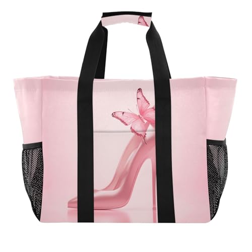 Quteprint Große wasserdichte Reisetasche für Damen und Herren, Schmetterlings-Motiv, rosa High Heels, Segeltuch, Strandtasche mit Futter und Taschen, wiederverwendbare Einkaufstasche für Lebensmittel Quteprint Große wasserdichte Reisetasche für Damen und Herren, Schmetterlings-Motiv, rosa High Heels, Segeltuch, Strandtasche mit Futter und Taschen, wiederverwendbare Einkaufstasche für Lebensmittel von Quteprint