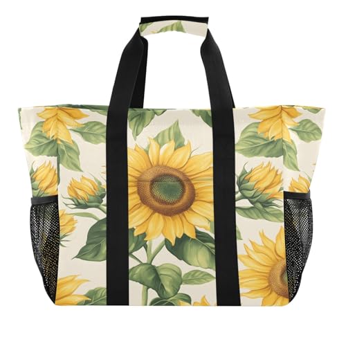 Quteprint Große wasserdichte Reisetasche für Damen und Herren, Sommer-Sonnenblumen, Segeltuch, Strandtasche mit Futter und Taschen, wiederverwendbare Einkaufstasche für Lebensmittel, Wäsche, Küche von Quteprint