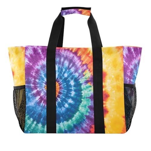 Quteprint Große wasserdichte Reisetasche für Damen und Herren, Swirl Tie Dye Rainbow Canvas Strandtasche mit Futter und Taschen – wiederverwendbare Einkaufstasche für Lebensmittel/Wäsche/Küche/Pool von Quteprint