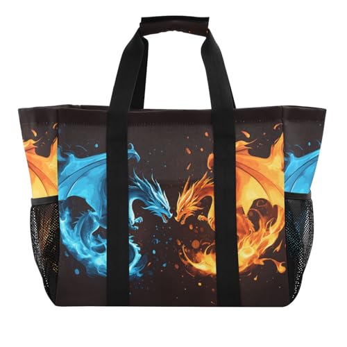 Quteprint Große wasserdichte Reisetasche für Damen und Herren, Tierdrachen, Segeltuch, Strandtasche mit Futter und Taschen, wiederverwendbare Einkaufstasche für Lebensmittel, Wäsche, Küche, Pool von Quteprint