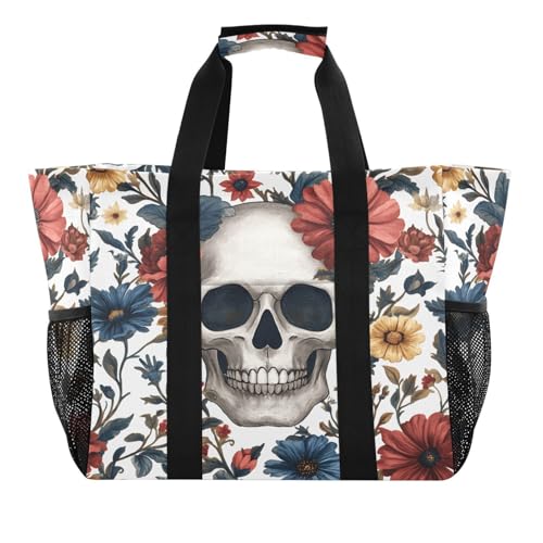 Quteprint Große wasserdichte Reisetasche für Damen und Herren, Totenkopf-Gänseblümchen, Segeltuch, Strandtasche mit Futter und Taschen, wiederverwendbare Einkaufstasche für Lebensmittel, Wäsche, Küche von Quteprint