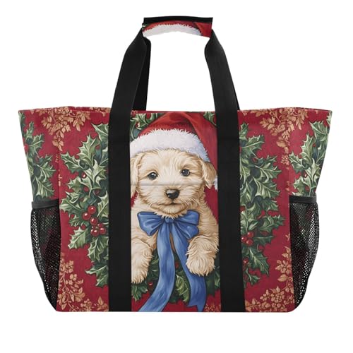 Quteprint Große wasserdichte Reisetasche für Damen und Herren, Urlaub, Weihnachten, niedlicher Hund, Segeltuch, Strandtasche mit Futter und Taschen, wiederverwendbare Einkaufstasche für Lebensmittel von Quteprint