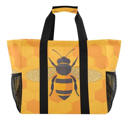 Quteprint Große wasserdichte Reisetasche für Damen und Herren, Wabenmuster, Biene, Segeltuch, Strandtasche mit Futter und Taschen, wiederverwendbare Einkaufstasche für Lebensmittel, Wäsche, Küche von Quteprint