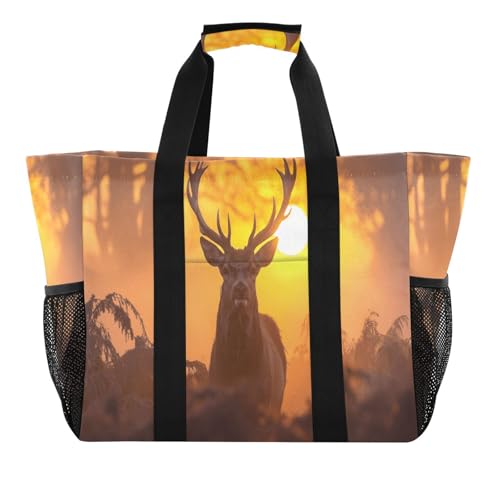 Quteprint Große wasserdichte Reisetasche für Damen und Herren, Wald mit Hirschgeweih, Segeltuch, Strandtasche mit Futter und Taschen, wiederverwendbare Einkaufstasche für Lebensmittel, Wäsche, Küche von Quteprint