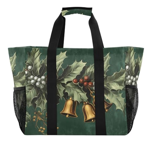 Quteprint Große wasserdichte Reisetasche für Damen und Herren, Weihnachten, Stechpalmenblätter, Glocken, Segeltuch, Strandtasche mit Futter und Taschen, wiederverwendbare Einkaufstasche für von Quteprint
